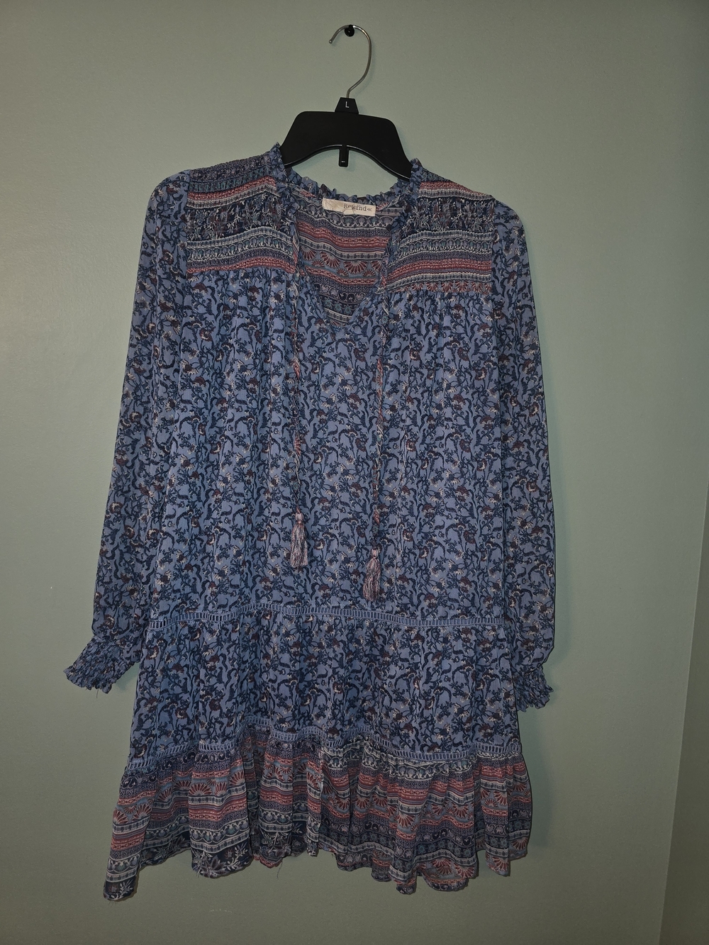 Rewind Blue Floral Long Sleeve Tiered Boho Dress